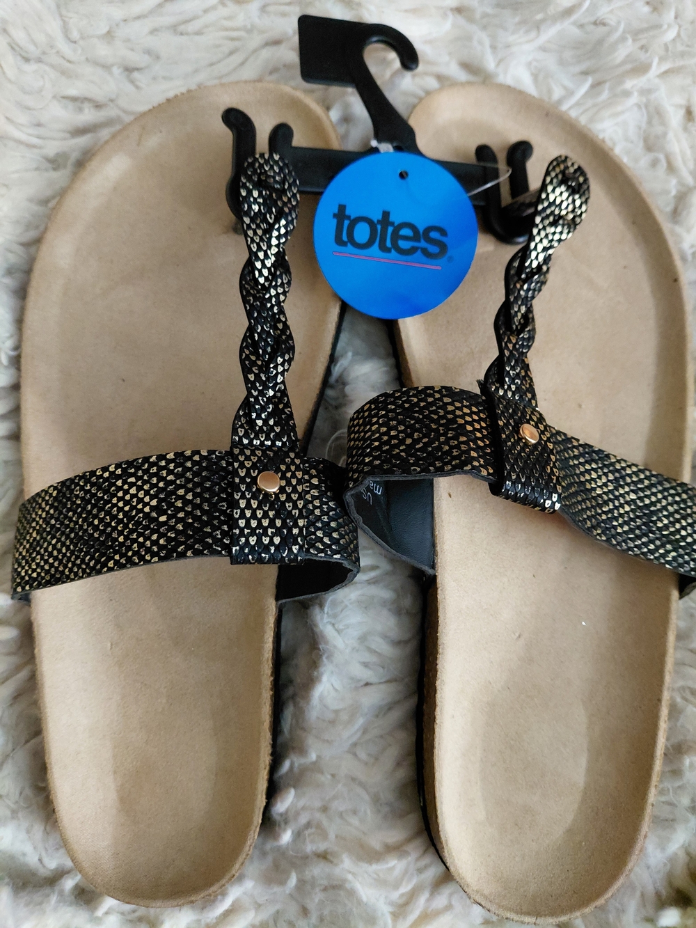 totes Black and Gold Braided Strap Slide Sandals(Size 9)